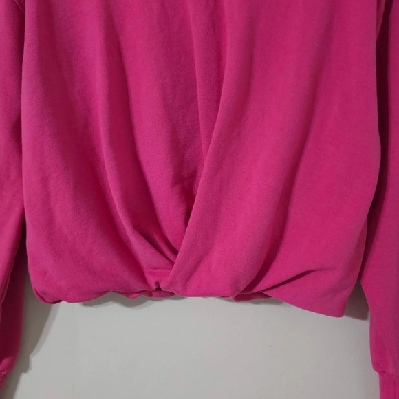 MAEVE Hot Pink Crewneck Cropped Sweatshirt, Faux Knot Twisted Front Hem, XS - Picture 4 of 14